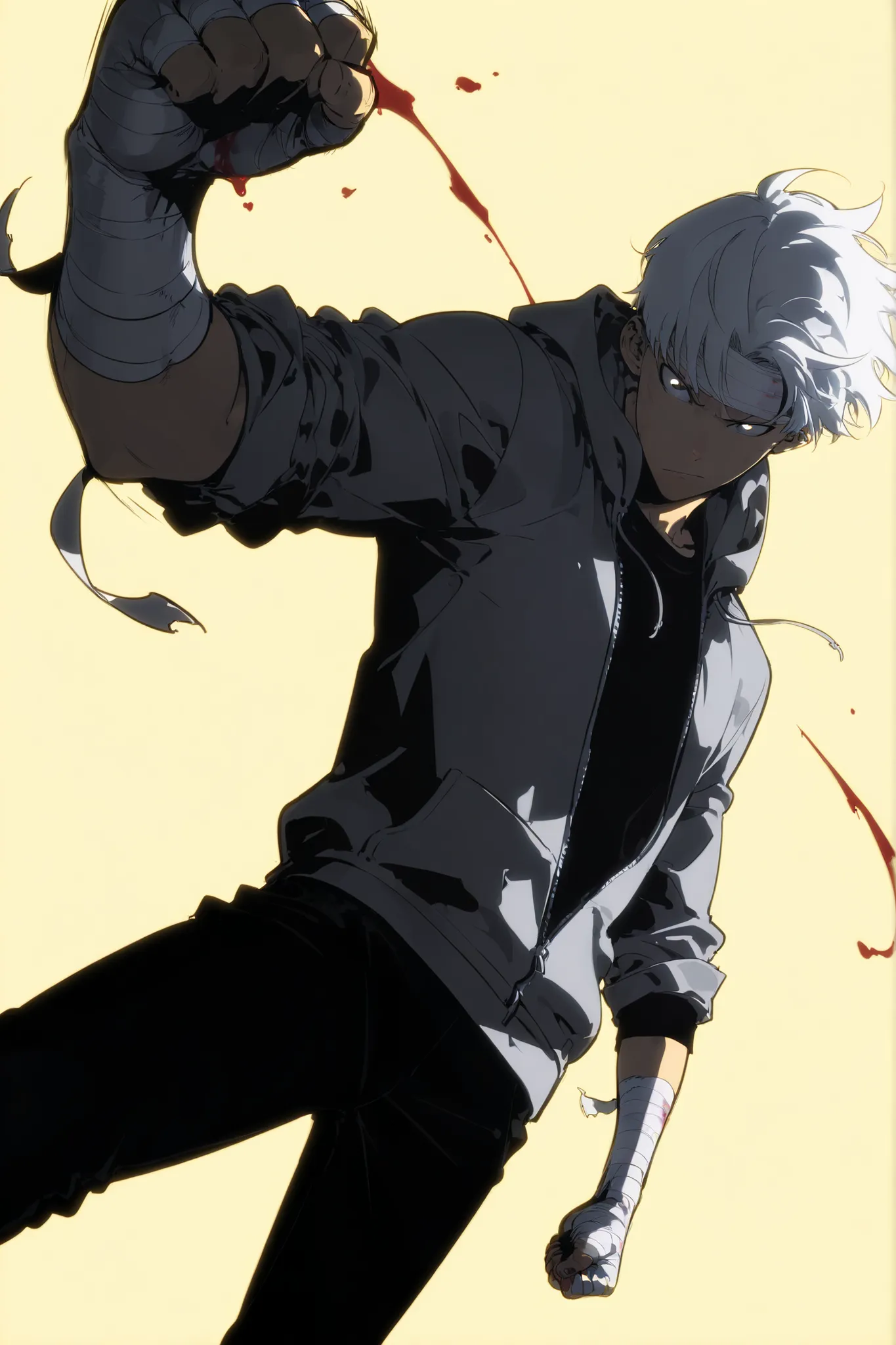 Handsome, Athletic, alone, male, Short spicky hair, long white hair, black orange eye, black shirt, white orange and black unzipped hoodie with rolled up sleeves, black pants, , intricate sketch, expressive eyes nose and mouth, simple pose, clench fist, bl...