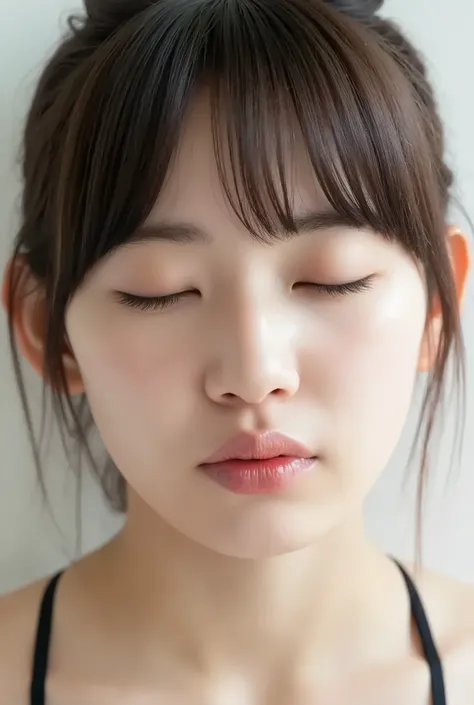 ultra-detailed close-up of a beautiful girl, collarbone-up composition, white studio background, soft natural lighting, slightly elevated camera angle (around 35 degrees), full face and head visible in frame, chin slightly raised, eyes gently closed, deepl...
