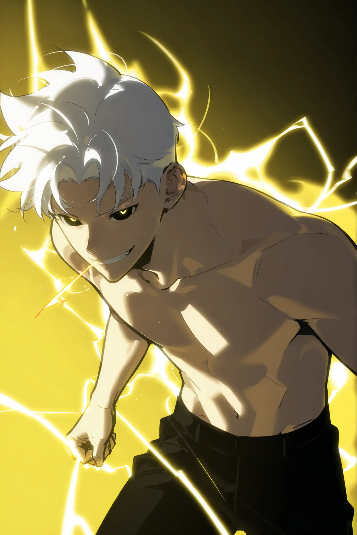 handsome, athletic, single, male, short spiky hair, long white hair, black yellow eye, no shirt, black pants, , complex sketch, expressive eyes, nose and mouth, perforation, small satisfied smile, Orange electricity, Athletic body, Slightly venous