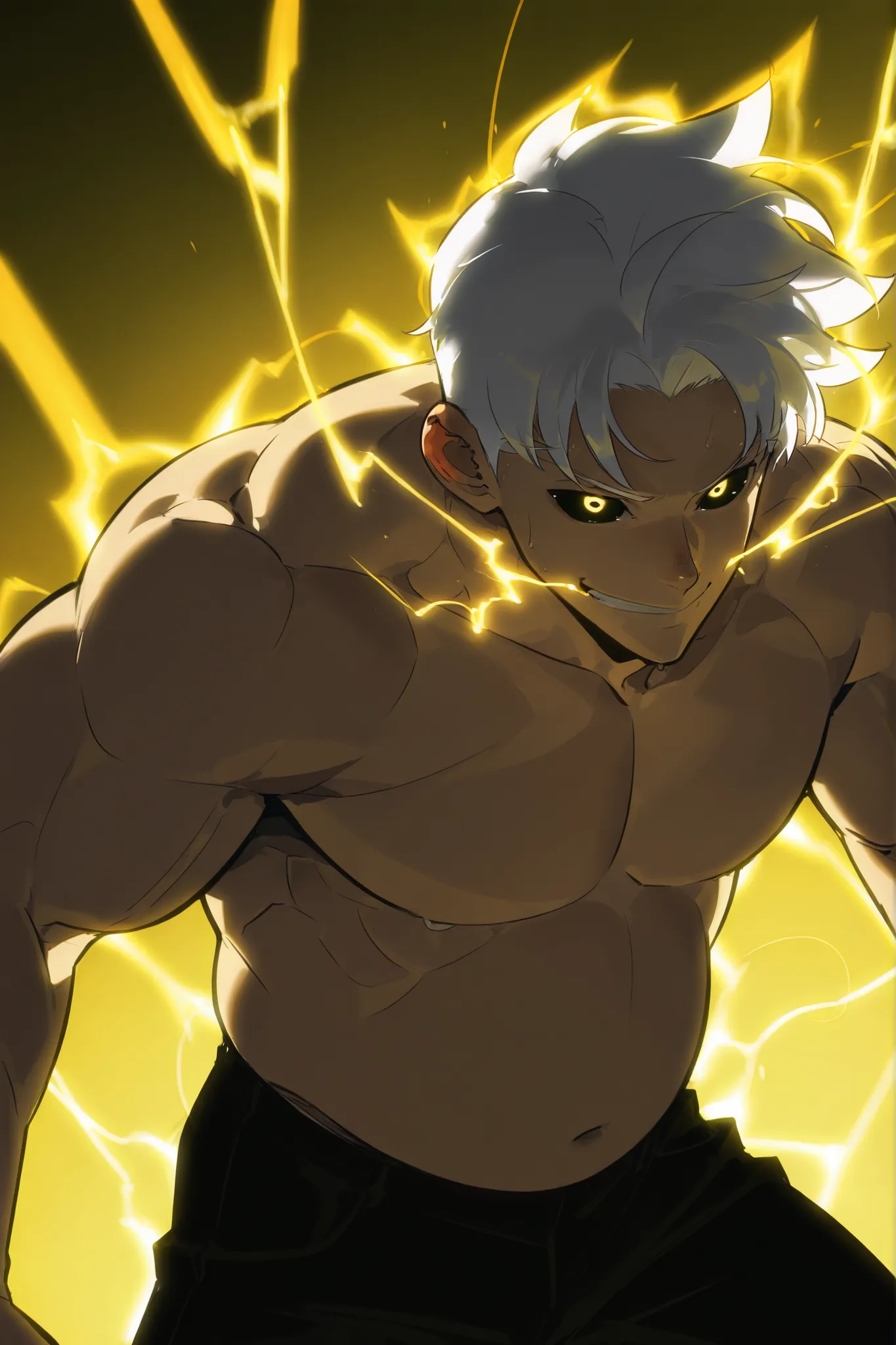 handsome, athletic, single, male, short spiky hair, long white hair, black yellow eye, no shirt, black pants, , complex sketch, expressive eyes, nose and mouth, perforation, small satisfied smile, Orange electricity, Athletic body, Slightly venous , 7% fat...