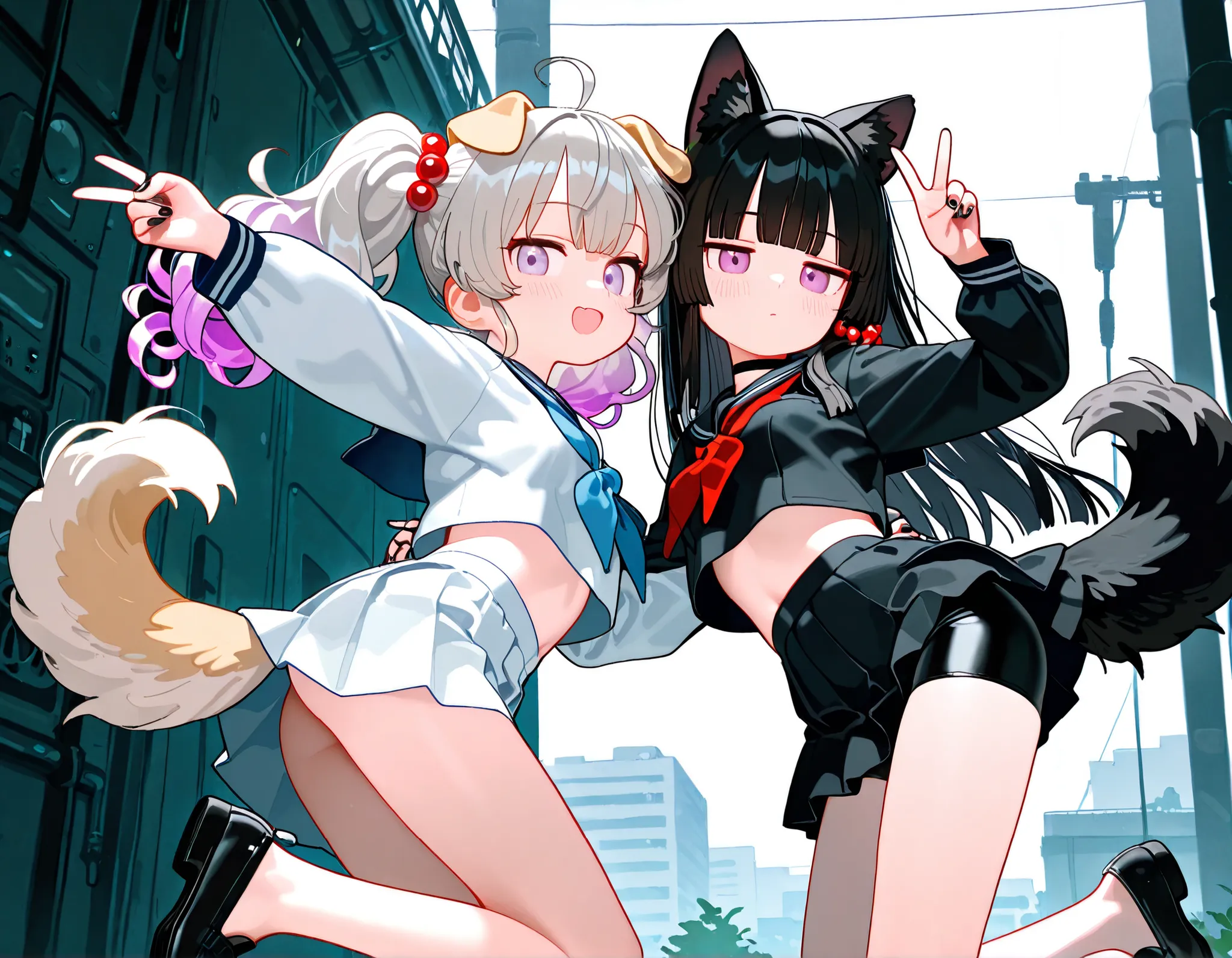 2girls, lavender eyes, jitome(0.5), Black Hair, white Grey Gradient Hair, blunt bangs, hime cut, Medium length twintails, curly hair, Full head of hair, dog tail, dog ears, small Breast, black clothes, black cropped top, Long sleeves, slit pleated skirt, s...