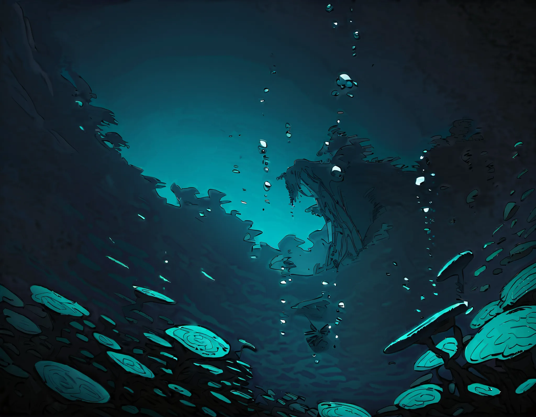 A fantastic sea world、Bubble、dark atmosphere sinking to the bottom of the sea