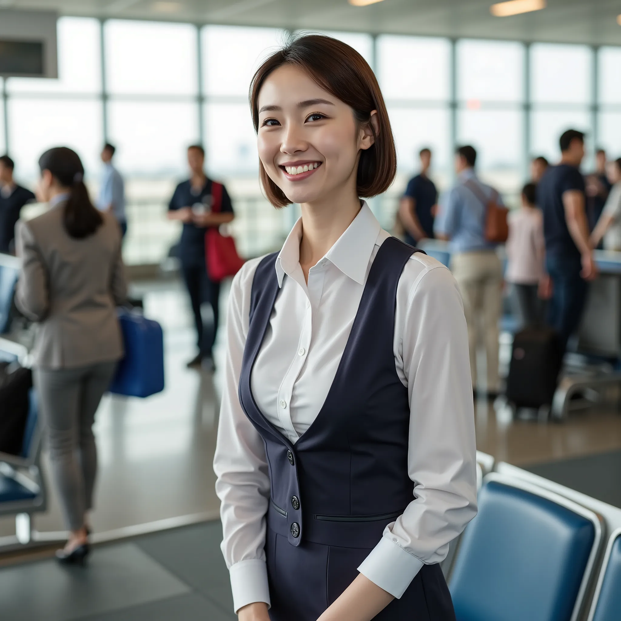 High quality photo My Japanese girlfriend is at the airport、the girl is standing on an airport chair 。 she is wearing a stewardess uniform、The airport is so big、 flight attendants、is looking at me with a smile、the big sunlight is shining in 。 she's a girl'...