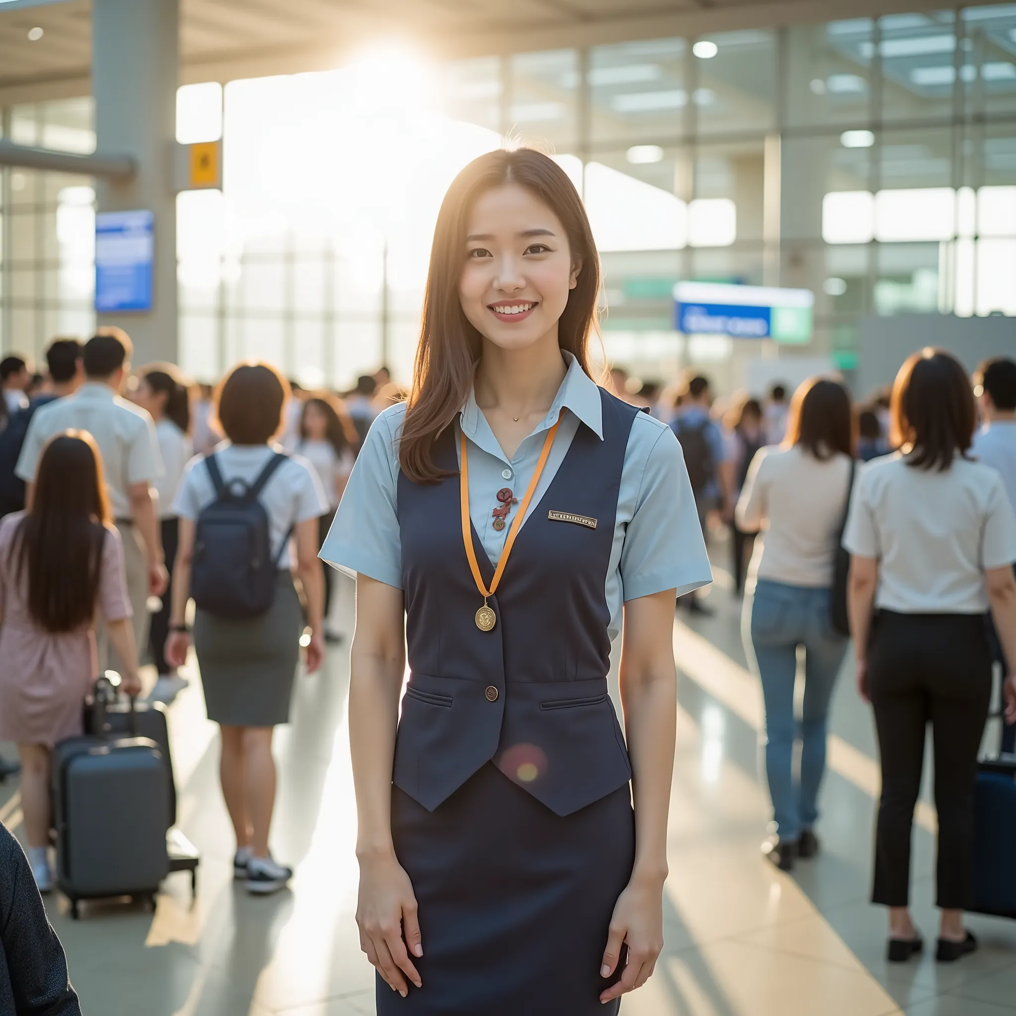 High quality photo My Japanese girlfriend is at the airport、the girl is standing on an airport chair 。 she is wearing a stewardess uniform、The airport is so big、 flight attendants、is looking at me with a smile、the big sunlight is shining in 。 she's a girl'...