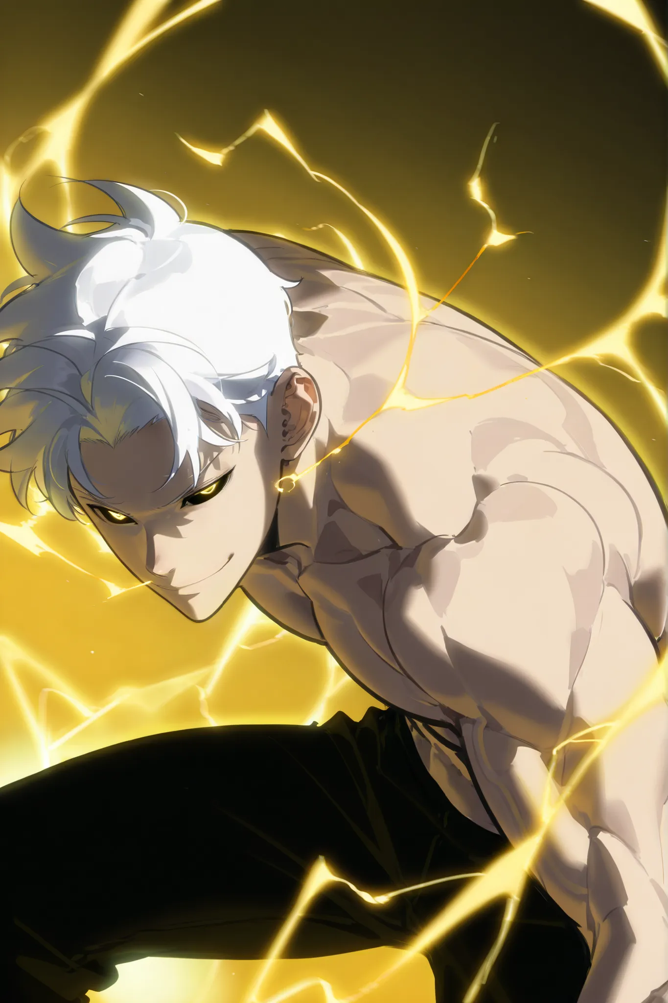 handsome, athletic, single, male, short spiky hair, long white hair, black yellow eye, no shirt, black pants, , complex sketch, expressive eyes, nose and mouth, perforation, small satisfied smile, Orange electricity, Athletic body, Slightly venous , Define...