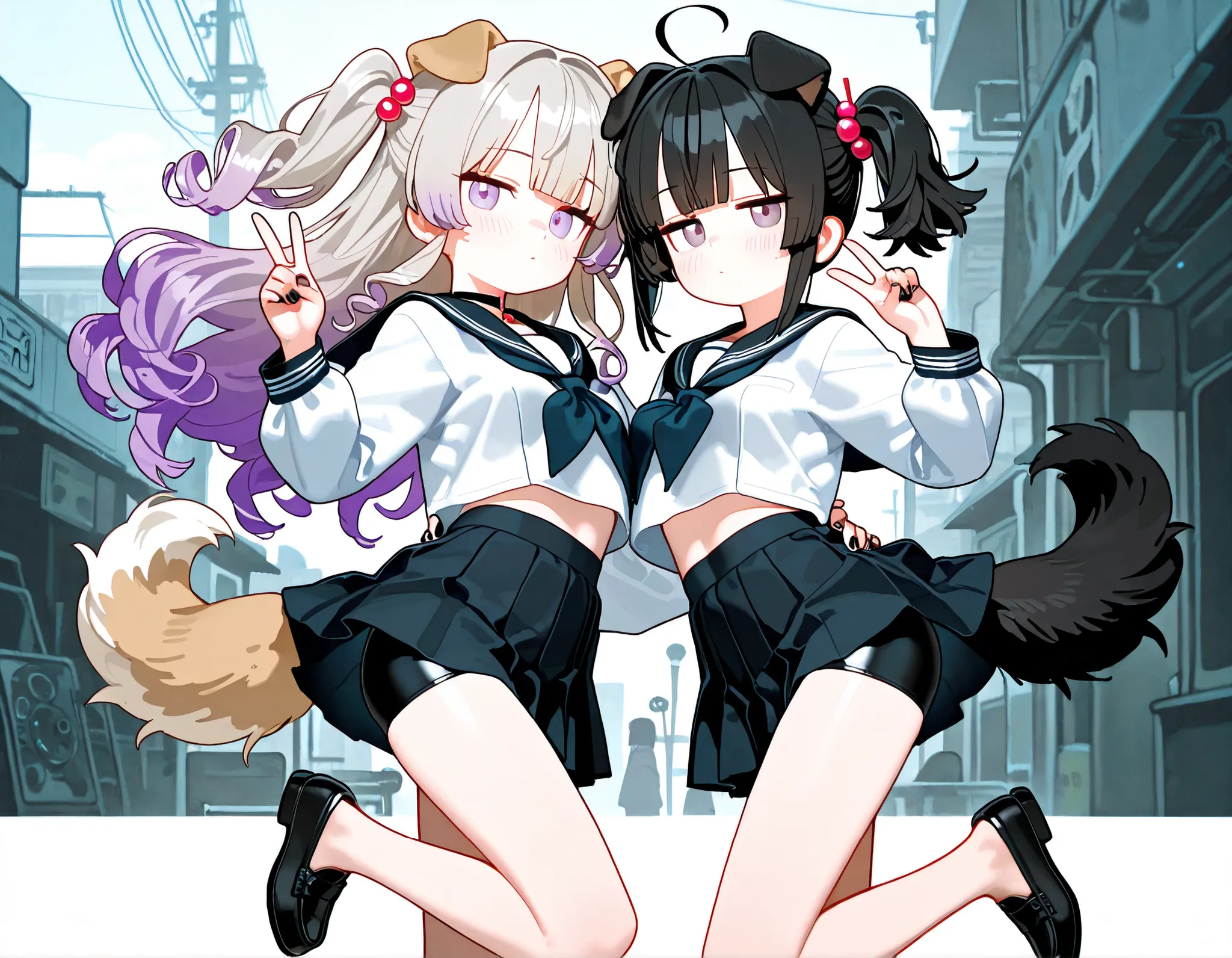 2girls, lavender eyes, jitome(0.5), Black Hair, white Grey Gradient Hair, blunt bangs, hime cut, Medium length twintails, curly hair, Full head of hair, dog tail, dog ears, small Breast, black clothes, black cropped top, Long sleeves, slit pleated skirt, s...