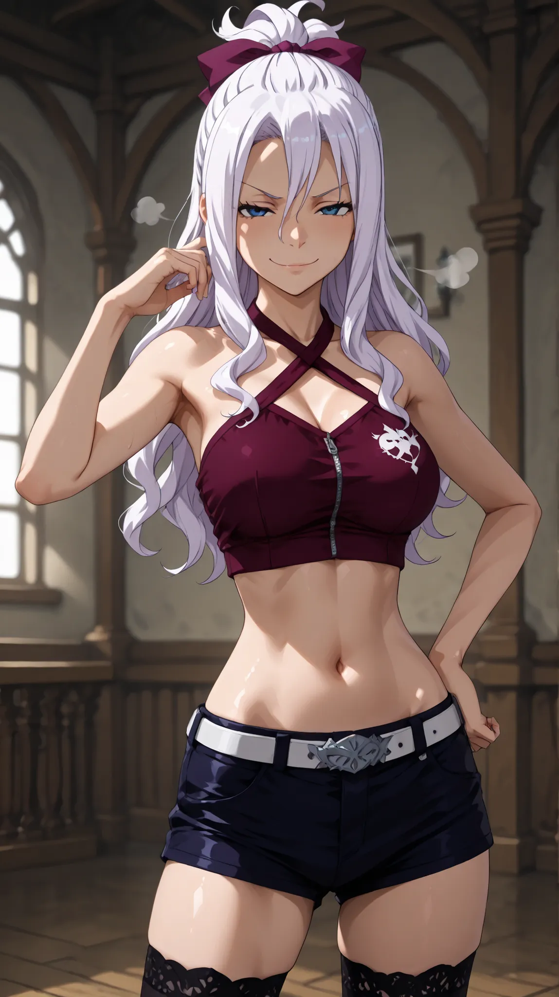 mirajane, hot, slim, sexy, smiling, MiraFTG, long hair, half ponytail, bangs, SIDELOCK, hair between the eyes, white hair, purple hair ribbon, blue EYES, halterneck, criss-cross halter, thighhighs, shorts, belt, 3D, guild hall, challenge, glossy, high qual...