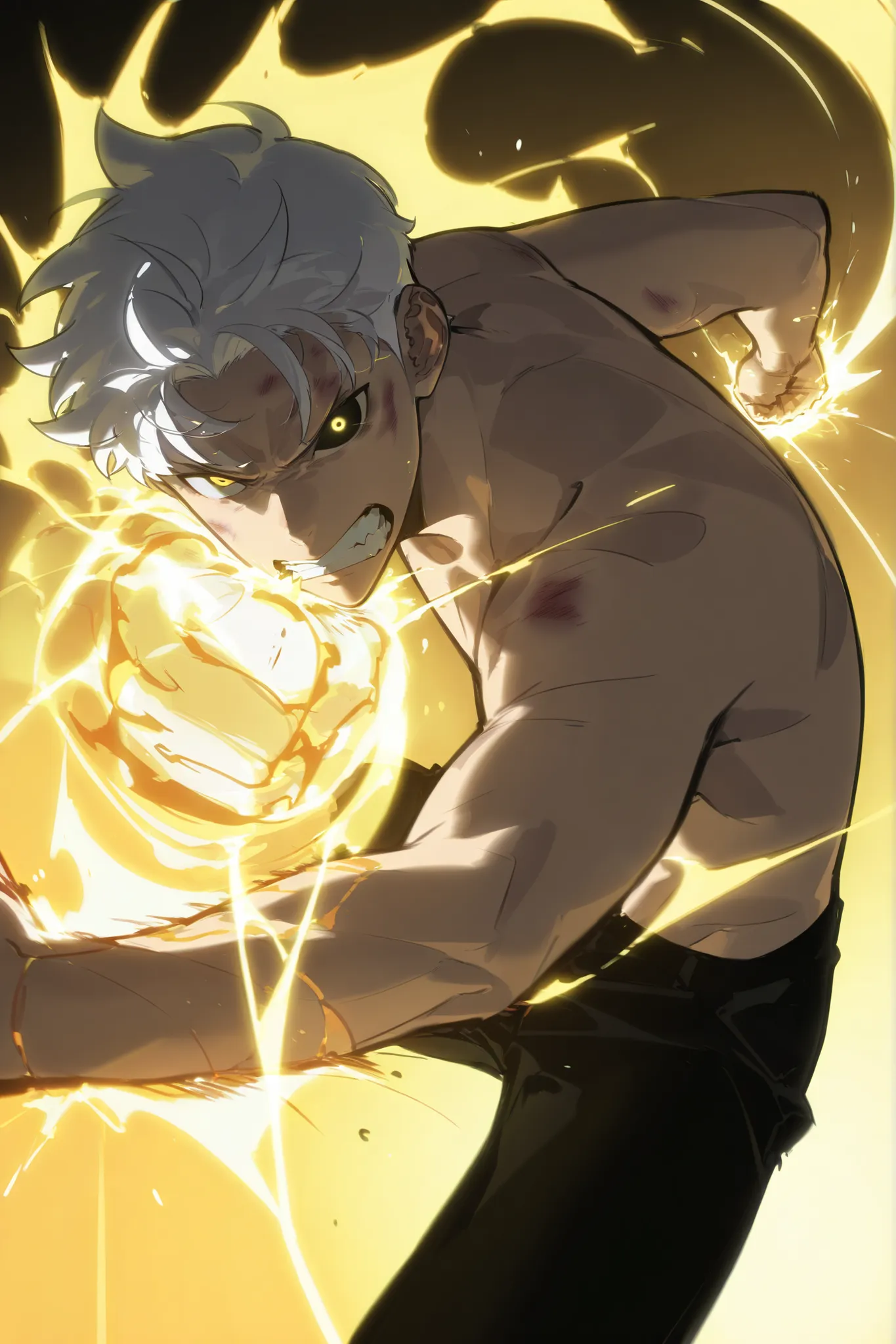 handsome, athletic, single, male, short spiky hair, long white hair, black yellow eye, no shirt, black pants, , complex sketch, expressive eyes, nose and mouth, perforation, bruised, Gritting teeth , angry, Orange electricity, Athletic body, Slightly venou...