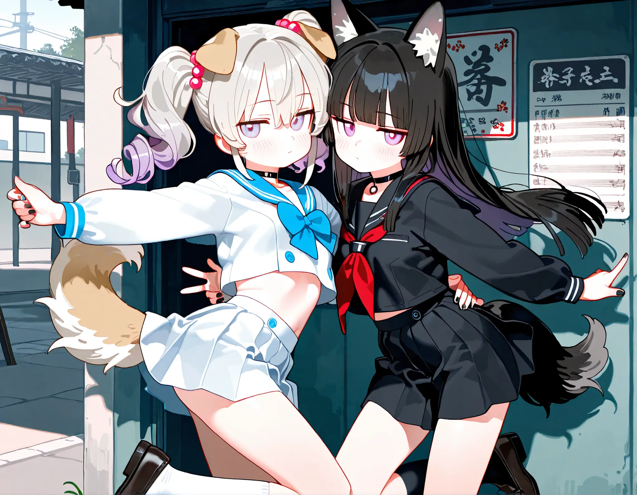 2girls, lavender eyes, jitome(0.5), Black Hair, white Grey Gradient Hair, blunt bangs, hime cut, Medium length twintails, curly hair, Full head of hair, dog tail, dog ears, small Breast, black clothes, black cropped top, Long sleeves, slit pleated skirt, s...