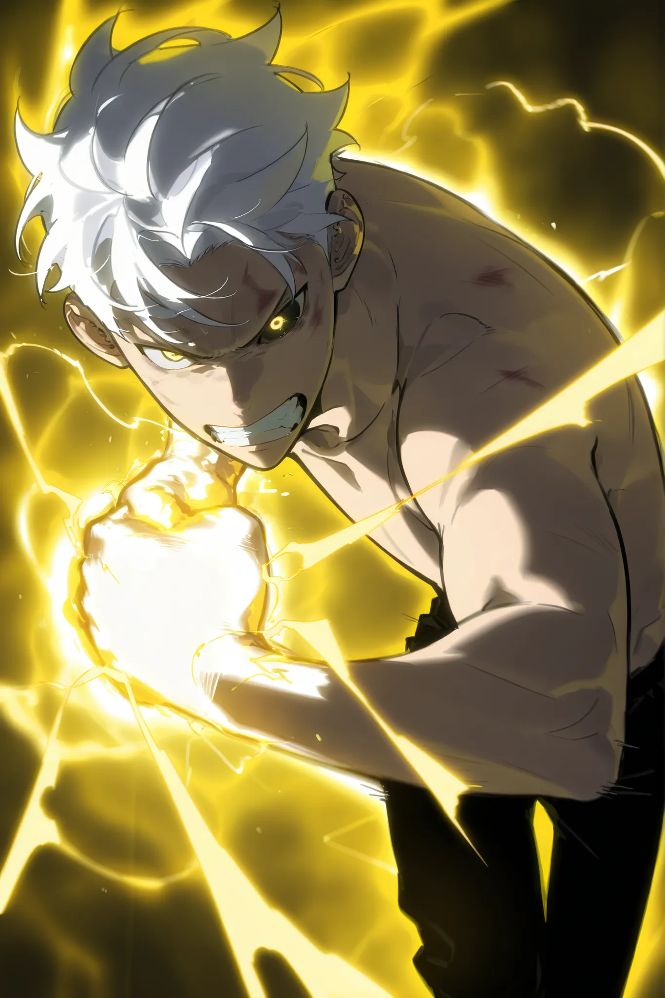 handsome, athletic, single, male, short spiky hair, long white hair, black yellow eye, no shirt, black pants, , complex sketch, expressive eyes, nose and mouth, perforation, bruised, Gritting teeth , angry, Orange electricity, Athletic body, Slightly venou...