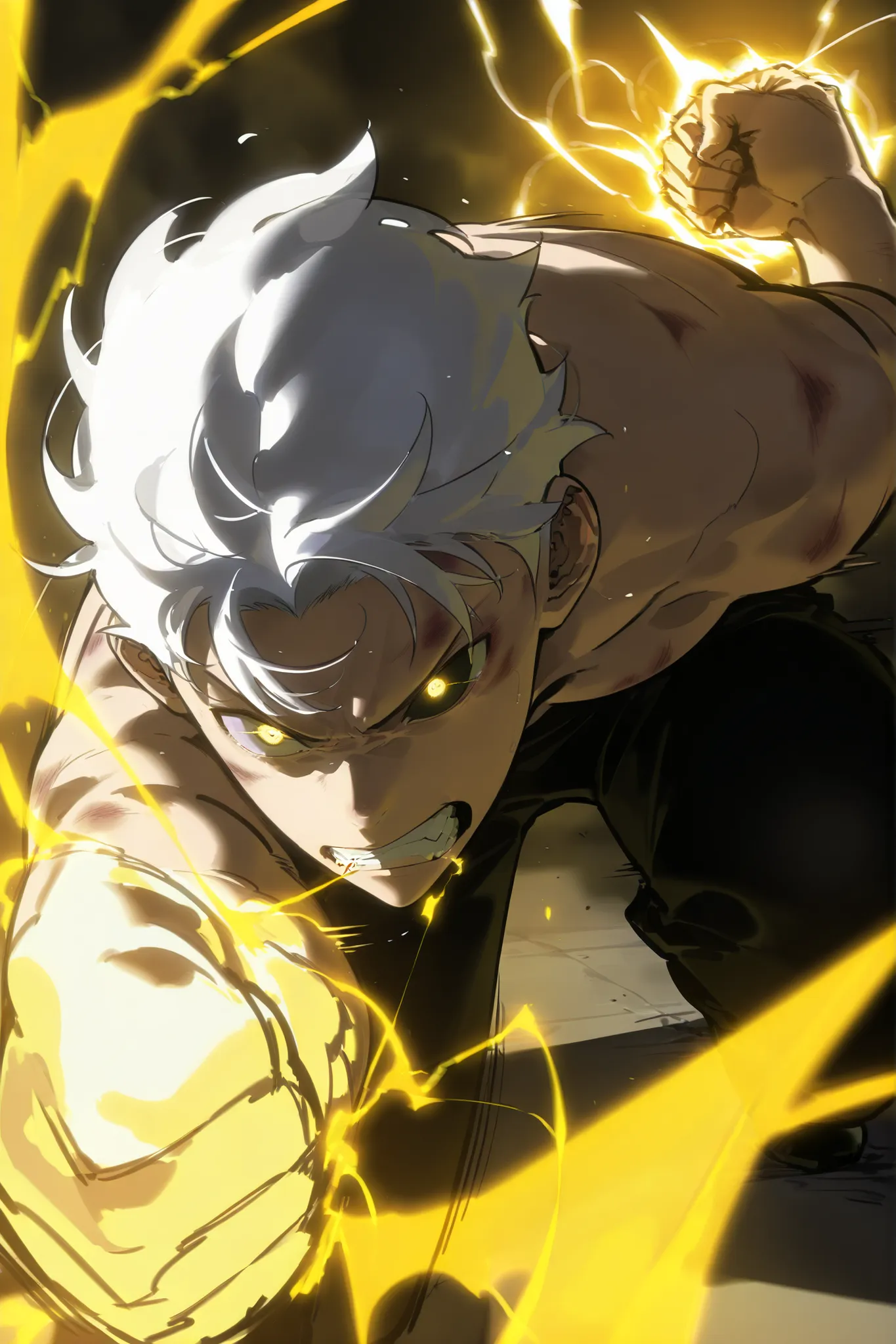 handsome, athletic, single, male, short spiky hair, long white hair, black yellow eye, no shirt, black pants, , complex sketch, expressive eyes, nose and mouth, perforation, bruised, Gritting teeth , angry, Orange electricity, Athletic body, Slightly venou...