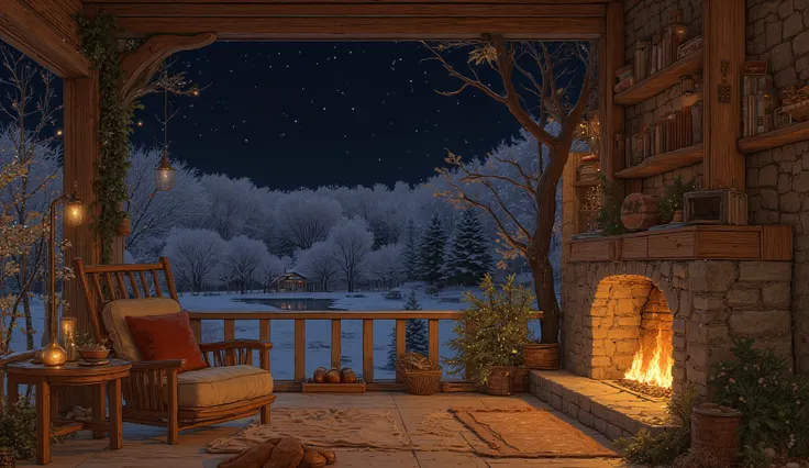 Cozy cabin with fireplace, không có cây Giáng sinhThe scene depicts a Cozy cabin with fireplace, without a rustic cafe Christmas tree, overlooking a beautiful Tranh sơn dầu và acrylic trên vải, một căn bếp của nhà bà ngoại vào ban đêm. Cảnh được dựng theo ...