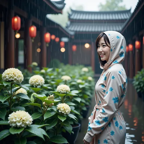 In the rain at an old temple, a woman wearing a long hooded raincoat with a light pastel floral pattern is looking at the blooming hydrangeas planted in the temple's courtyard, which are planted in such large numbers that they cover her body, and at the green tree frogs that are resting on the leaves. Despite the bad weather, the woman has a beaming smile on her face. The tree frogs are croaking as they are hit by the rain. The rain-soaked temple courtyard is lit up by the light of the lanterns in the temple grounds, giving it a blurred glow. Due to the nature of the rain, the whole scene is somewhat dark, creating a very moody atmosphere.