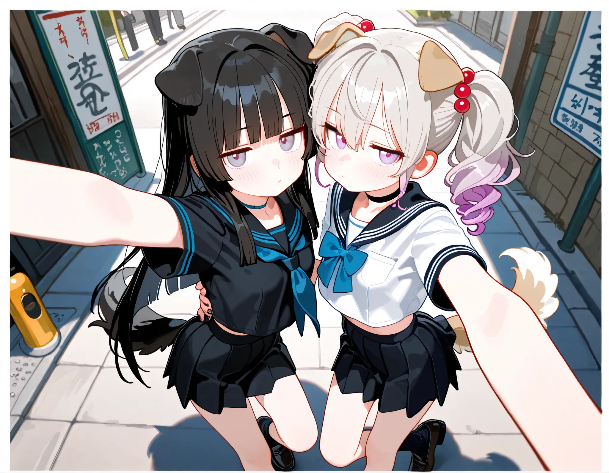 2girls, lavender eyes, jitome(0.5), Black Hair, white Grey Gradient Hair, blunt bangs, hime cut, Medium length twintails, curly hair, Full head of hair, dog tail, dog ears, small Breast, black clothes, black cropped top, short sleeves, slit pleated skirt, ...