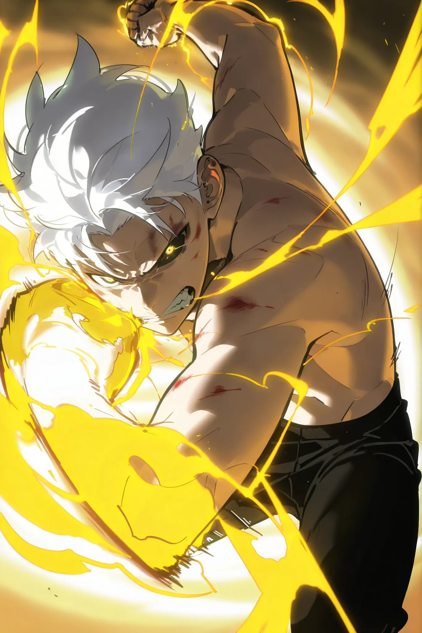 handsome, athletic, single, male, short spiky hair, long white hair, black yellow eye, no shirt, black pants, , complex sketch, expressive eyes, nose and mouth, perforation, bruised and bloody, Gritting teeth , angry, Orange electricity, Athletic body, Sli...