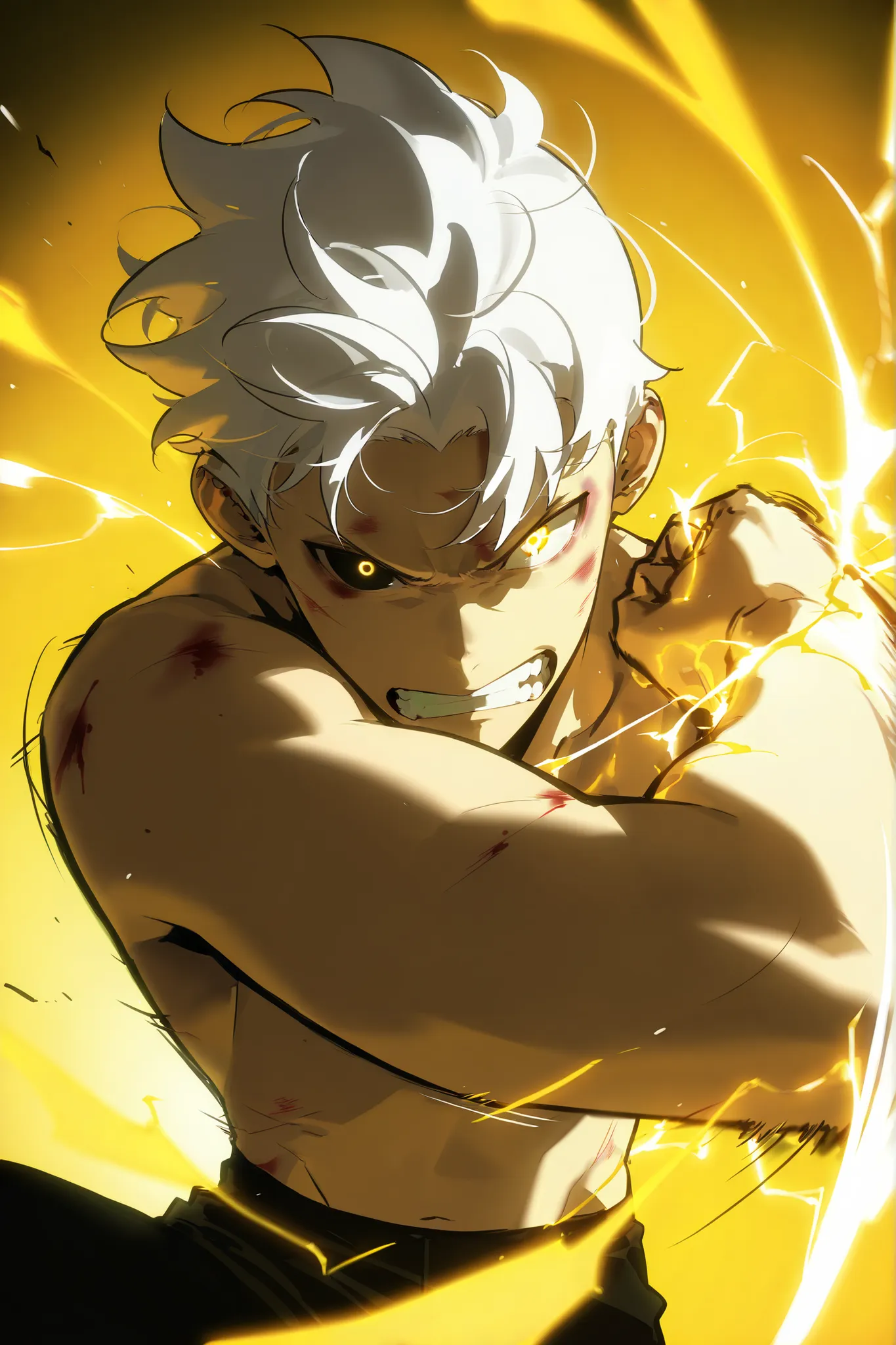 handsome, athletic, single, male, short spiky hair, long white hair, black yellow eye, no shirt, black pants, , complex sketch, expressive eyes, nose and mouth, perforation, bruised and bloody, Gritting teeth , angry, Orange electricity, Athletic body, Sli...