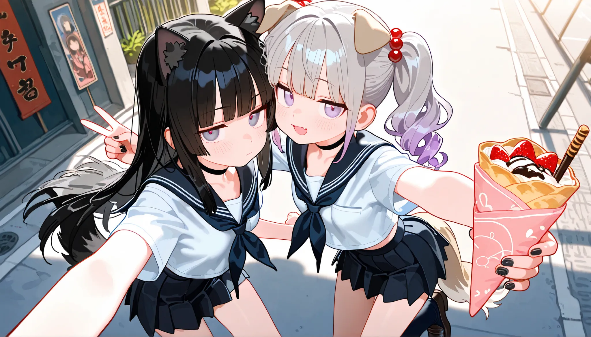 2girls, lavender eyes, jitome(0.5), Black Hair, white Grey Gradient Hair, blunt bangs, hime cut, Medium length twintails, curly hair, Full head of hair, dog tail, dog ears, small Breast, black clothes, black cropped top, short sleeves, slit pleated skirt, ...