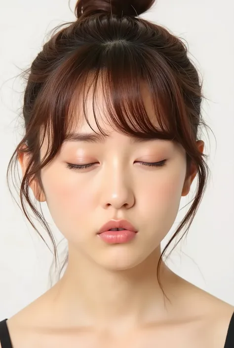 ultra-detailed close-up of a beautiful girl, collarbone-up composition, white studio background, soft natural lighting, slightly elevated camera angle (around 35 degrees), full face and head visible in frame, chin slightly raised, eyes gently closed, deepl...