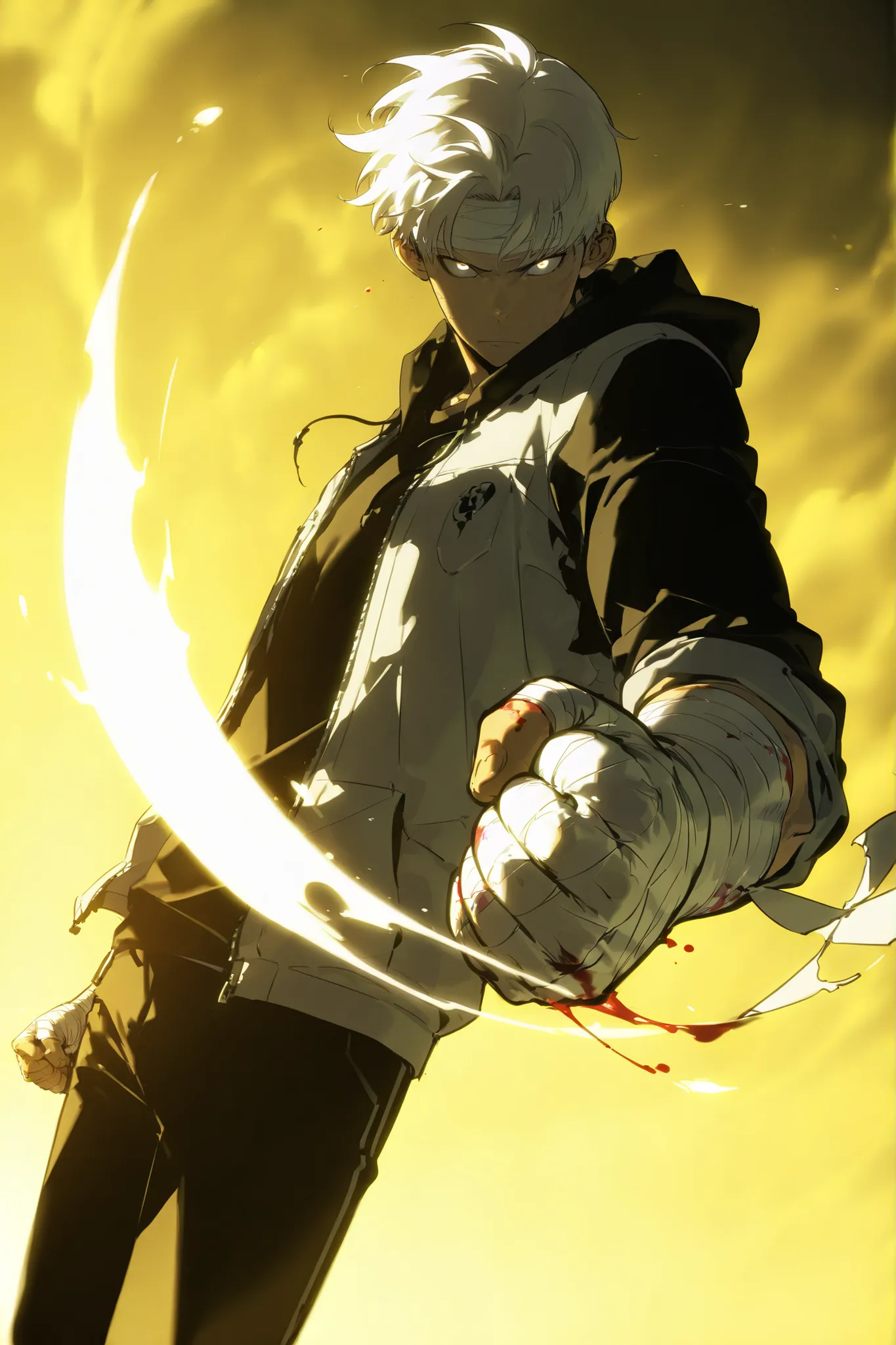 Handsome, Athletic, alone, male, Short spicky hair, long white hair, black orange eye, black shirt, white orange and black unzipped hoodie with rolled up sleeves, black pants, , intricate sketch, expressive eyes nose and mouth, simple pose, clench fist, bl...