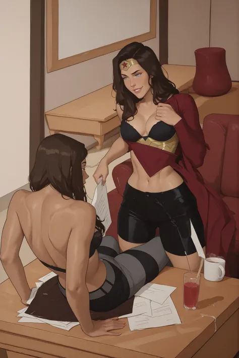 2girls, lesbian couple, hot and curvy wonder woman and her strong butch girlfriend korra in an intimate sexual moment,  wonder woman is on the right and  has elegantly styled black long wavy hair and is removing her maroon clothe  and her black satin bra a...