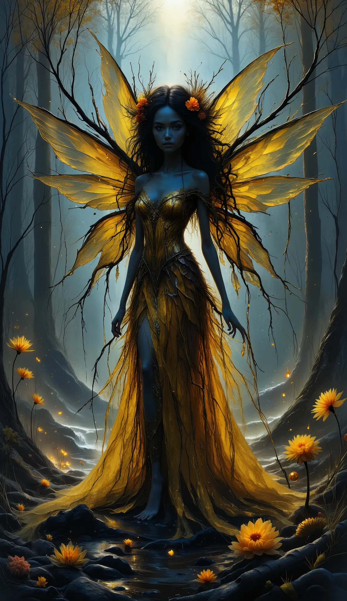 Surreal ultra-detailed illustration of a single fairy fused with nature, her body sculpted from twisted tree branches, leafy vines, sharp thorns, and blooming flowers. Her hair flows like moss and petals, her eyes glow softly with forest magic. She has lar...