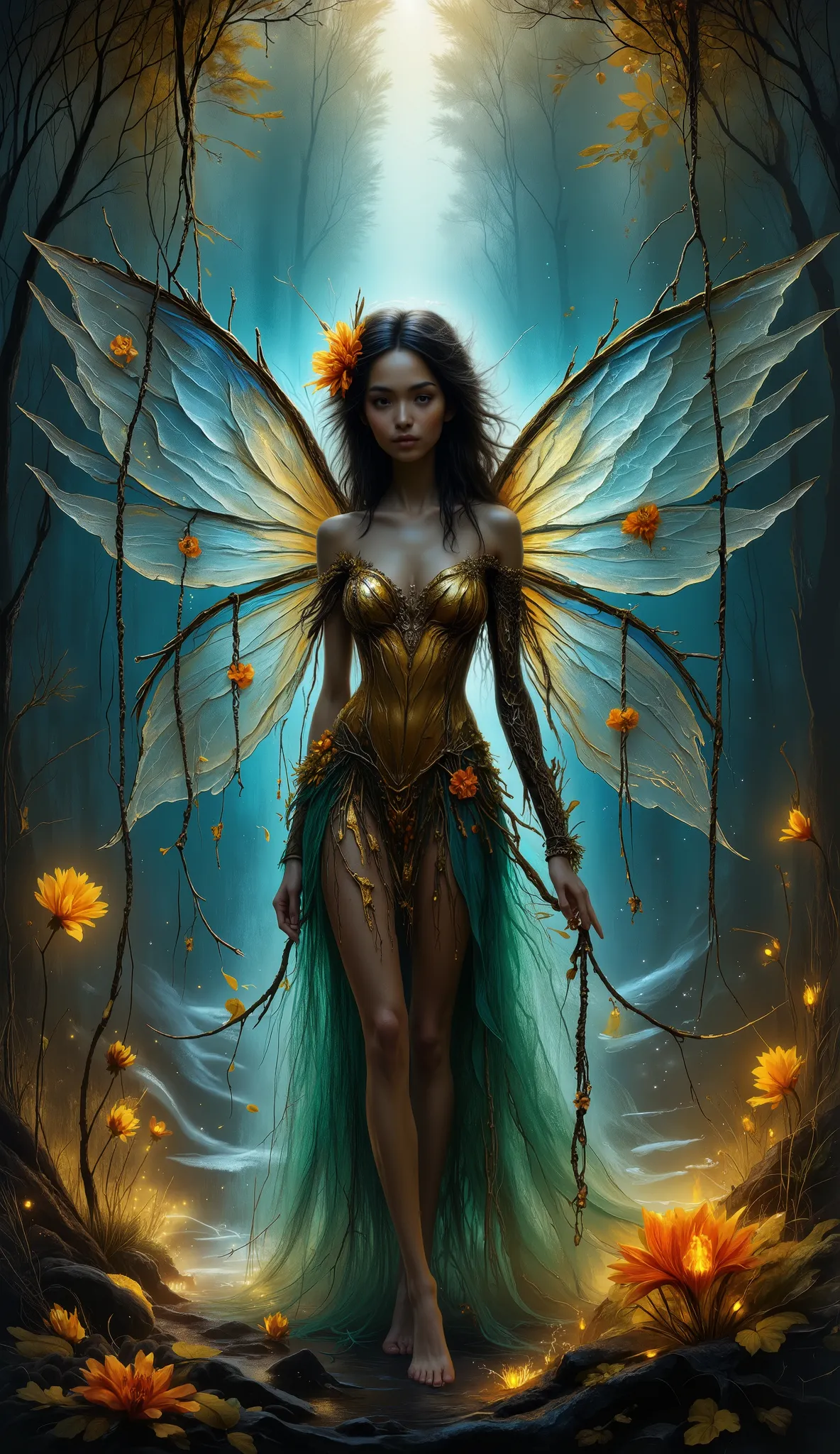 Surreal ultra-detailed illustration of a single fairy fused with nature, her body sculpted from twisted tree branches, leafy vines, sharp thorns, and blooming flowers. Her hair flows like moss and petals, her eyes glow softly with forest magic. She has lar...