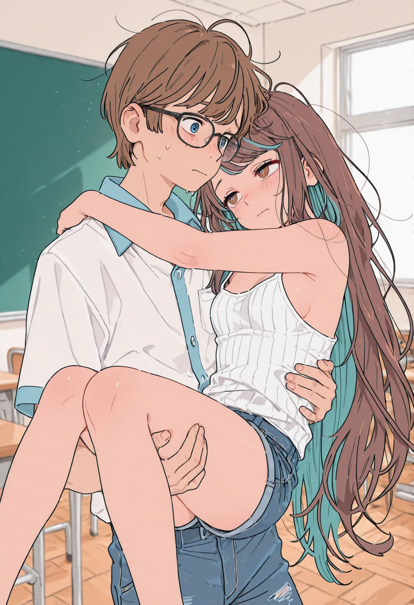 (masterpiece:1.2, Best Quality), (finely detailed beautiful eye: 1.2), (beautiful detailed face), tired, sideboob, 1boy, 1girl,carrying, princess carry, character: small boy,nervous, blue collared shirt, trousers, short hair, brown hair, blue eyes, glasses...