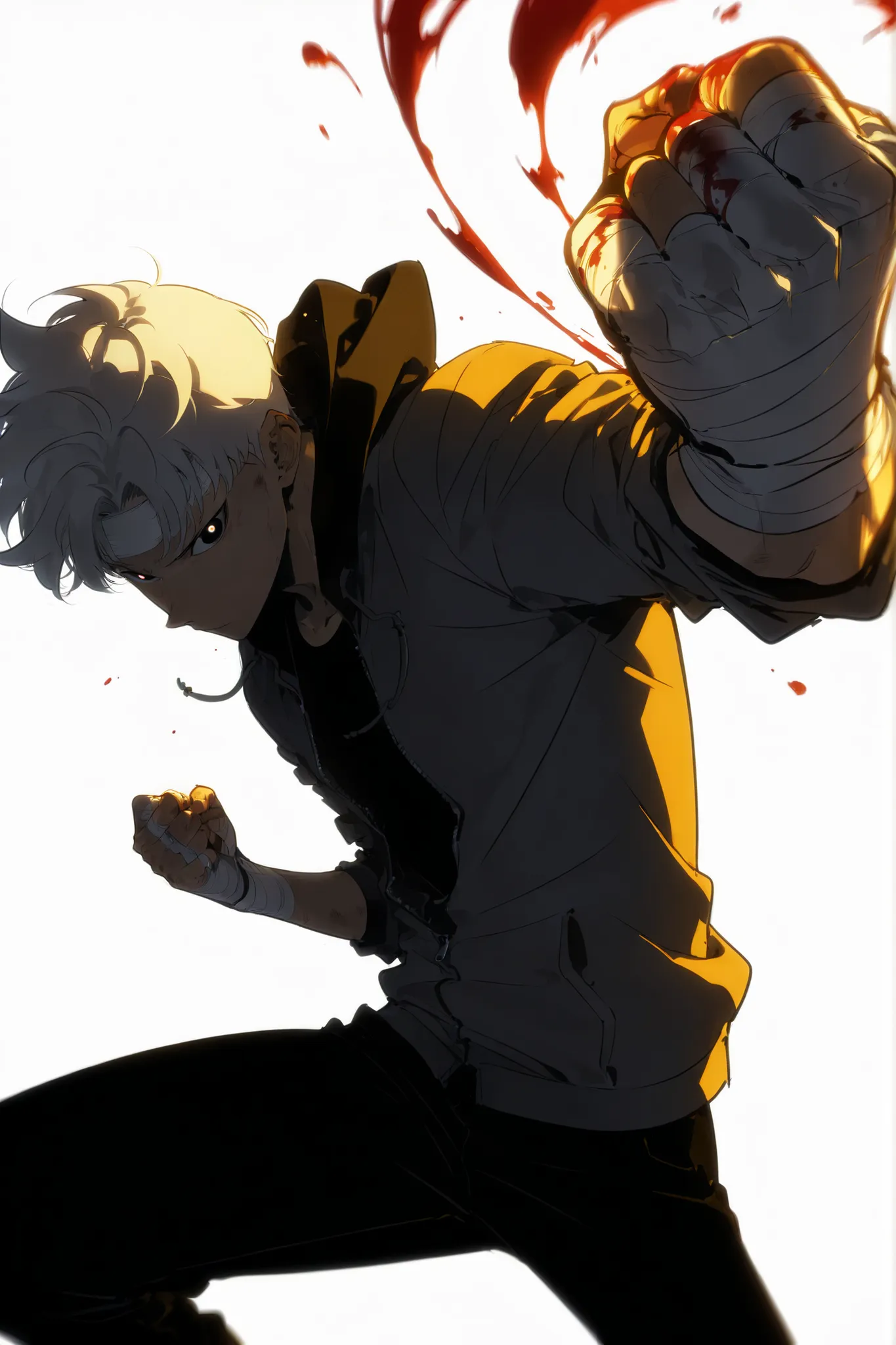 Handsome, Athletic, alone, male, Short spicky hair, long white hair, black orange eye, black shirt, white orange and black unzipped hoodie with rolled up sleeves, black pants, , intricate sketch, expressive eyes nose and mouth, simple pose, clench fist, bl...