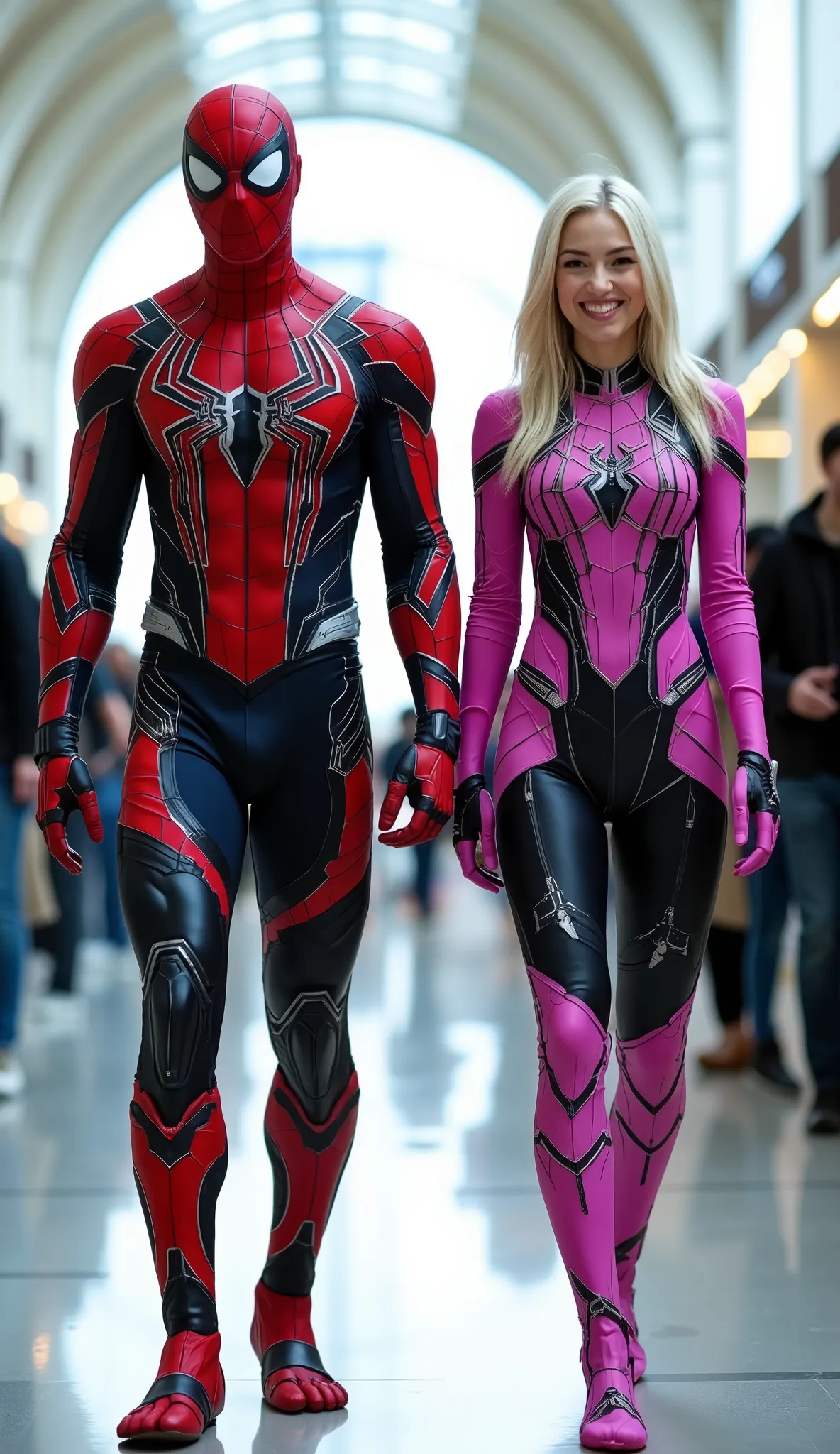 character: 1 man with mask full head wearing futuristic red spiderman body suit with black silver armor futuristic white accents , and 1 woman blonde hair Wearing futuristic pink Spidermam body suit with purple armor futuristic black accents.
action: Wal...