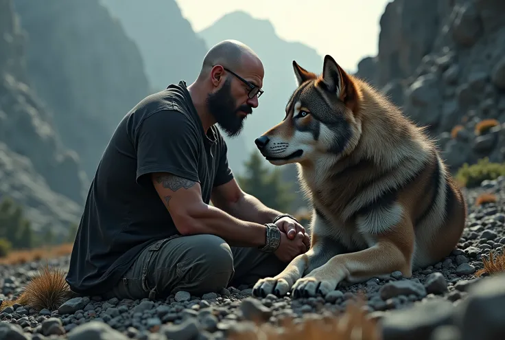 An intimidating wolf is being happily petted on the head by a man /(bald, 65yo, black short bearded, glasses, skinny)/, who is surprised that the wolf wants to be petted. The wolf is resting by putting it's head on the man's chest while the man lays down ...
