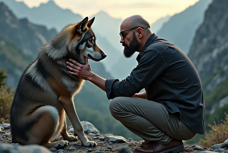An intimidating wolf is being happily petted on the head by a man /(bald, 65yo, black short bearded, glasses, skinny)/, who is surprised that the wolf wants to be petted. The wolf is resting by putting it's head on the man's chest while the man lays down ...