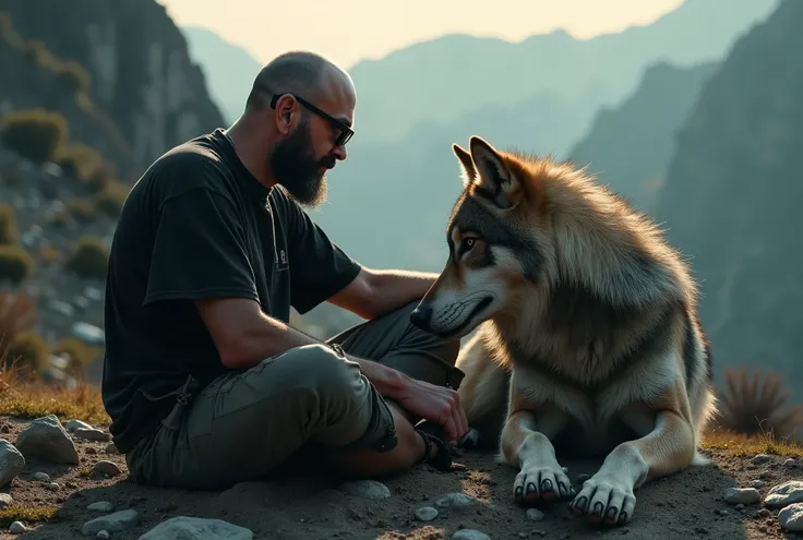 An intimidating wolf is being happily petted on the head by a man /(bald, 65yo, black short bearded, glasses, skinny)/, who is surprised that the wolf wants to be petted. The wolf is resting by putting it's head on the man's chest while the man lays down o...