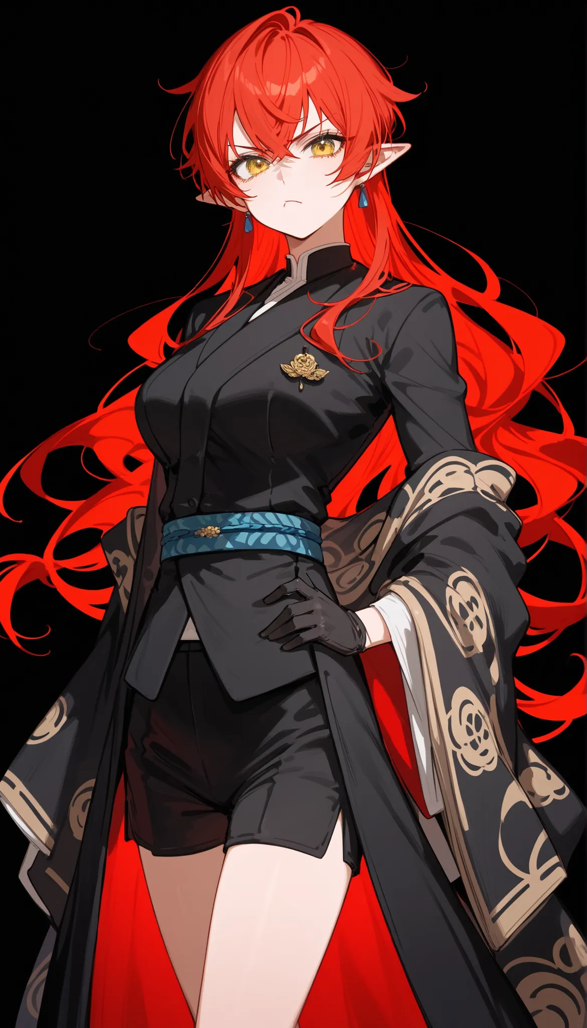 ,red hair,in yellow eyes,cute,Milf,,tomboy,Pointed ears,Fierce face,Black Long Sleeve Vest,standing,black background, pattern,shorts,mafia,long hair,Black suit,slim,Shawl kimono,with black gloves, Kabuki costume,Long Sleeve,T post,Body Shapes,Black Covered...