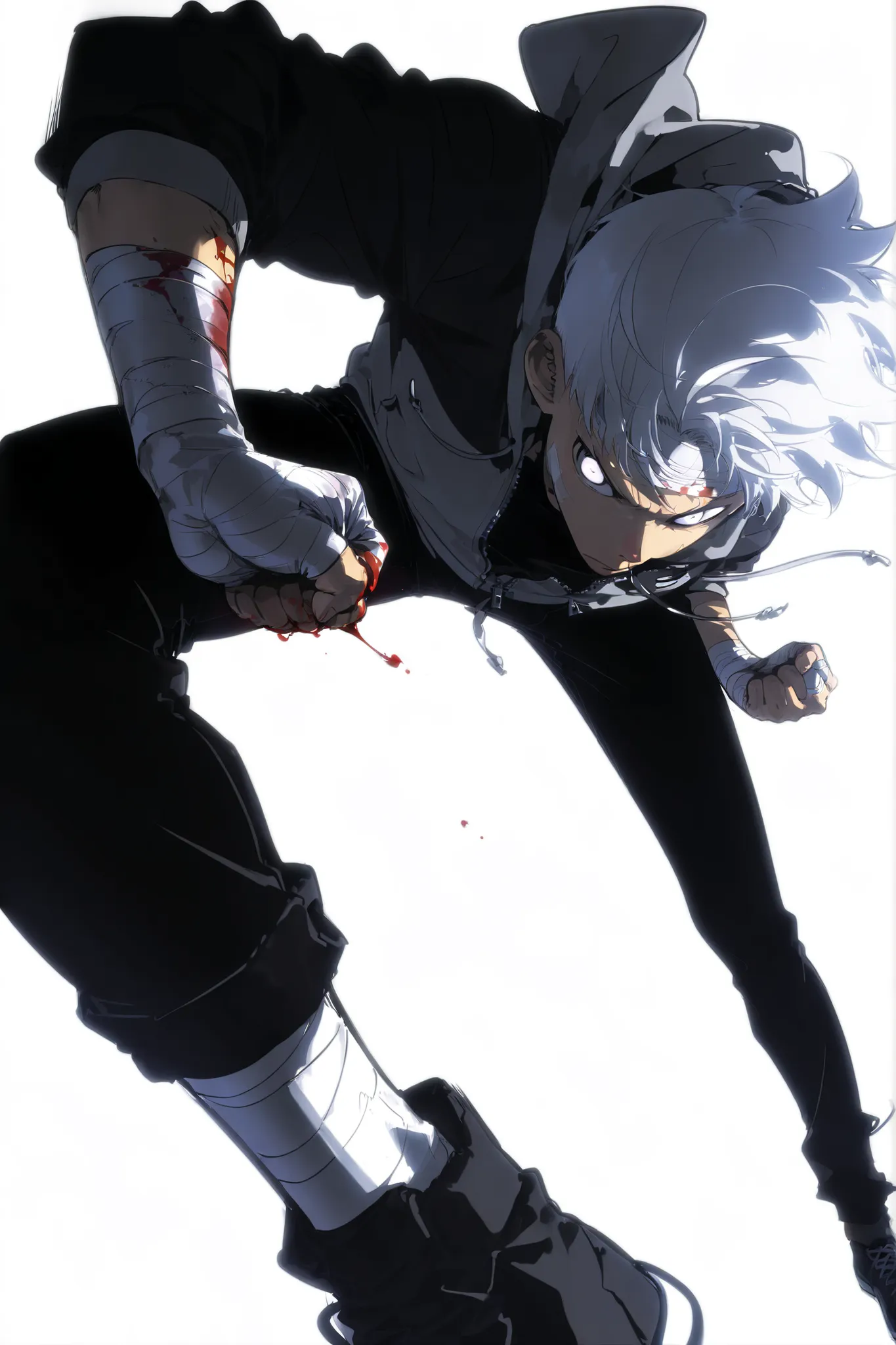 Handsome, Athletic, alone, male, Short spicky hair, long white hair, black orange eye, black shirt, white orange and black unzipped hoodie with rolled up sleeves, black pants, , intricate sketch, expressive eyes nose and mouth, simple pose, clench fist, bl...