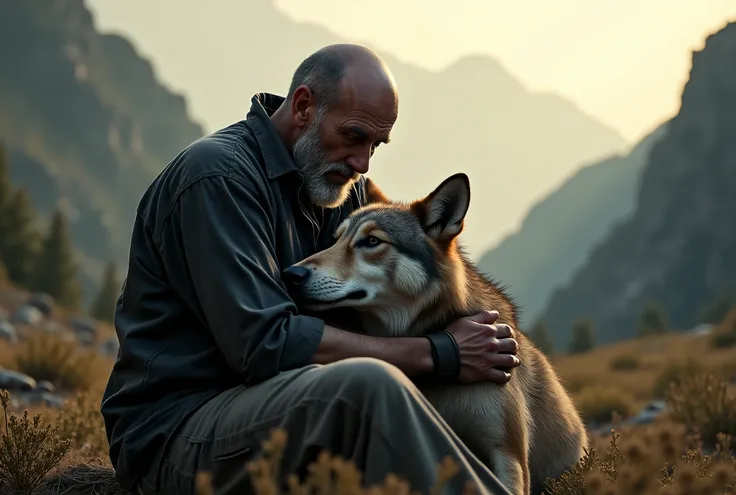 An intimidating wolf is being happily petted on the head by a man /(bald, 65yo, black short bearded, glasses, skinny)/, who is surprised that the wolf wants to be petted. The wolf is resting by putting it's head on the man's chest while the man lays down o...