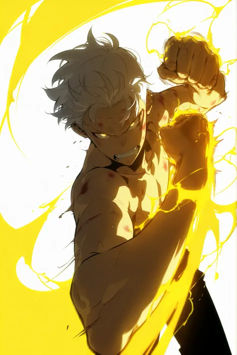 handsome, athletic, single, male, short spiky hair, long white hair, black yellow eye, no shirt, black pants, , complex sketch, expressive eyes, nose and mouth, perforation, bruised and bloody, Gritting teeth , angry, Orange electricity, Athletic body, Sli...