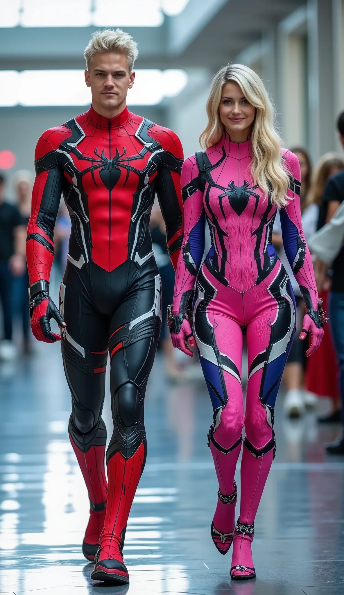 character: ung man blonde hair wearing futuristic red spiderman body suit with black silver armor futuristic white accents , and ung woman blonde hair Wearing futuristic pink Spidermam body suit with purple armor futuristic black accents.
action: Walk st...