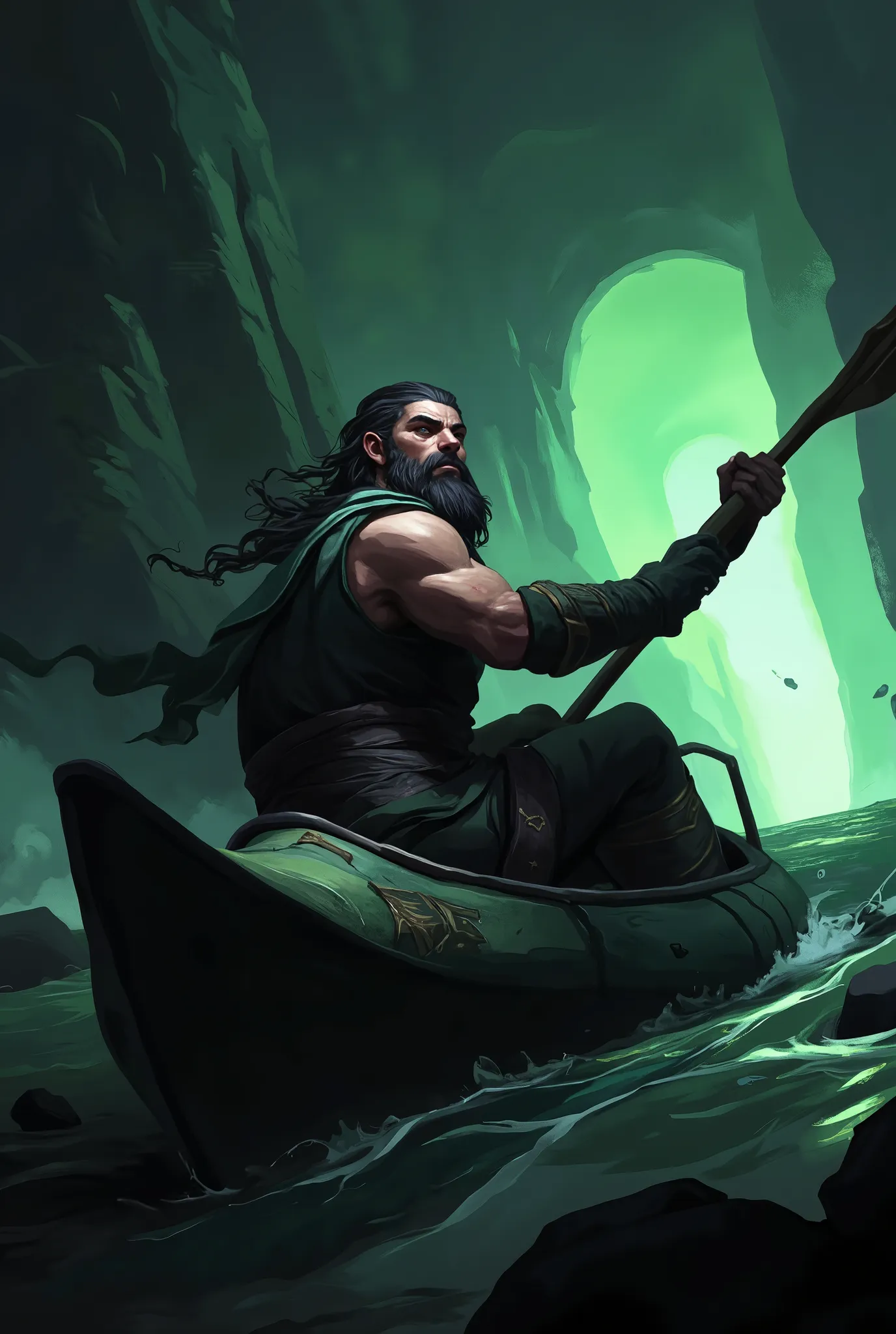 hades god of rowing sport in kayak, greek ancient style, stynx, hades, ancient river, dark auro, green color, hades god of underworld inside, row by pushing his legs, leaning back slightly, and pulling the oar handles toward his chest