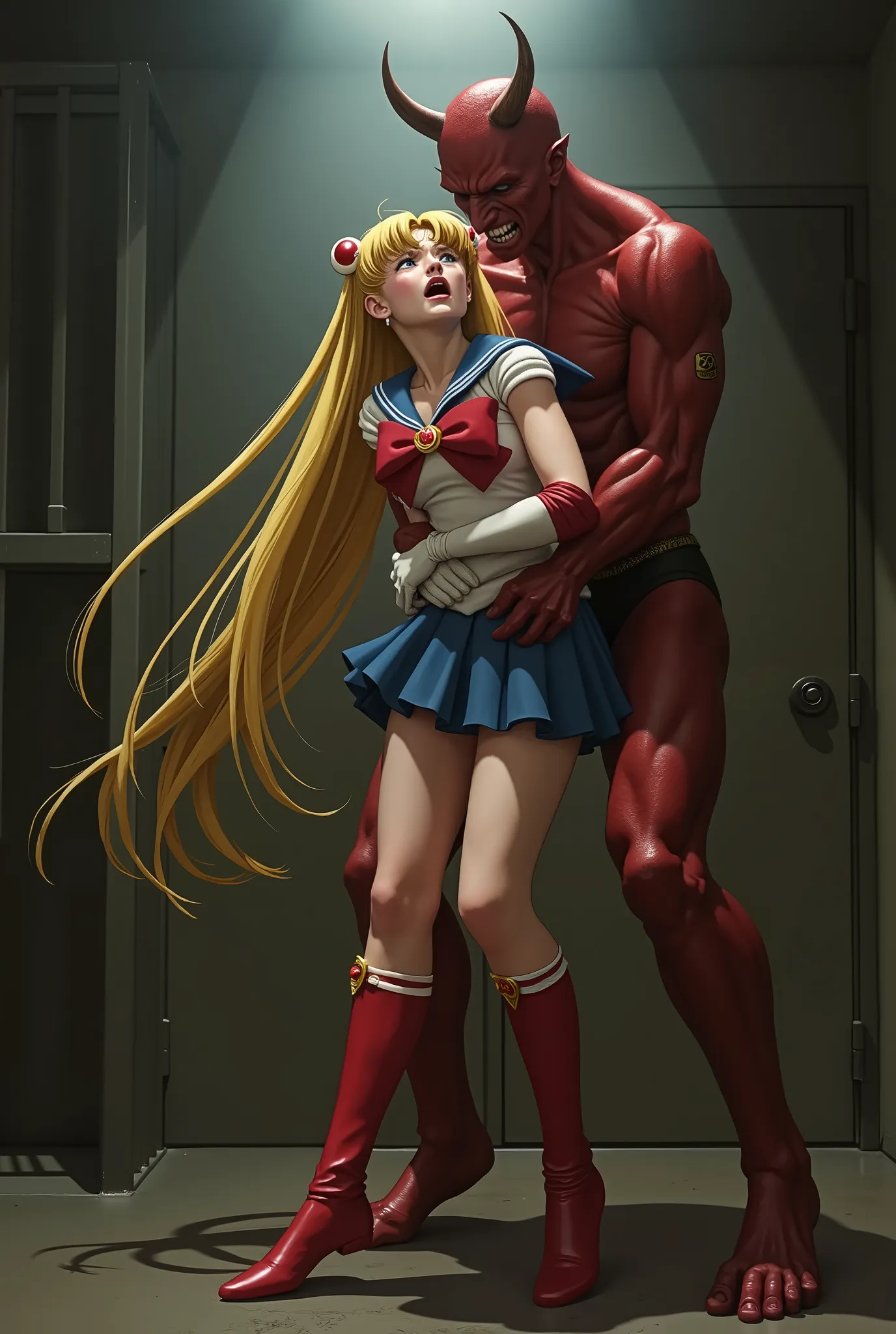Hyperrealism, masterpiece, highest quality, A young Japanese woman is hugged from behind by a devil, beautiful face, ((she is crying and screaming in pain)), painful face, arms behind her back, her hands on the devil's crotch, she is wearing a Sailor Moon ...