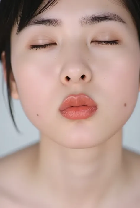ultra-detailed close-up of a beautiful girl, collarbone-up composition, white studio background, soft natural lighting, slightly elevated camera angle (around 35 degrees), full face and head visible in frame, chin slightly raised, eyes gently closed, deepl...