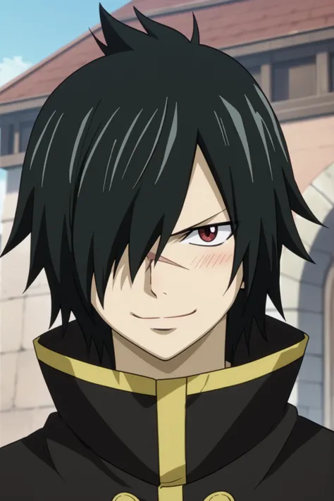 Rogue cheney rogue_cheney, black hair, red eyes, hair over one eye, scar tattoo close-up, official style, anime screencap, 8K, extremely detailed, 1boy, solo, ((smile, happy, closed mouth, blush)) anime style, highly detailed, saturated colors, cel shading...