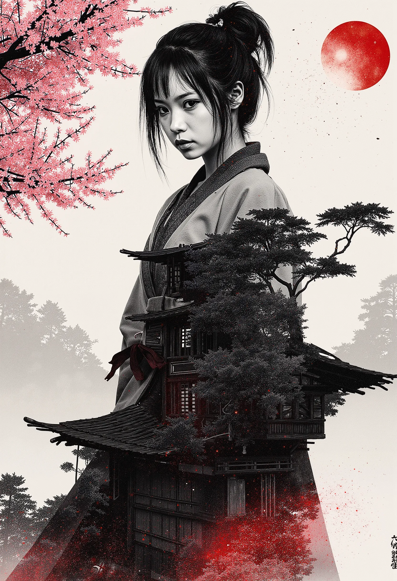 Kohlezeichnung , Bleistiftzeichnung , Strichzeichnung , Graphitzeichnung , tinted paper , Kunstwerk , zweifarbig , Farbspritzer , Samirai girl , rosa Sakura \(Blumen\) , rotes Blut , japanische Tusche , Spritzen , komplexe Details , Volumetric lighting , k...