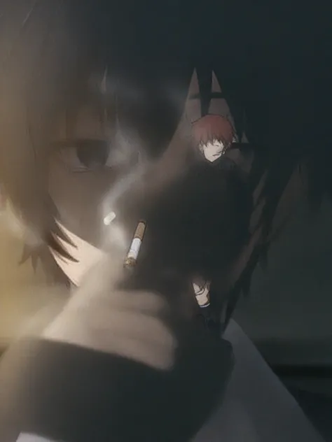 (Anime boy) holding a cigarette, sitting on a parking bench alone, with a dim light