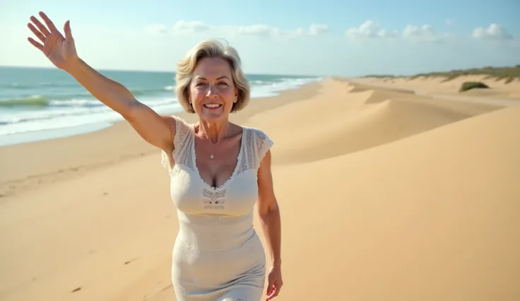A confident woman in her 60s stands on the beach with a stunning ocean view behind her (full body shot). A wide shot of a woman walking across golden sand dunes, one arm raised joyfully toward the sky. Her lace dress flutters behind her in the wind as she ...