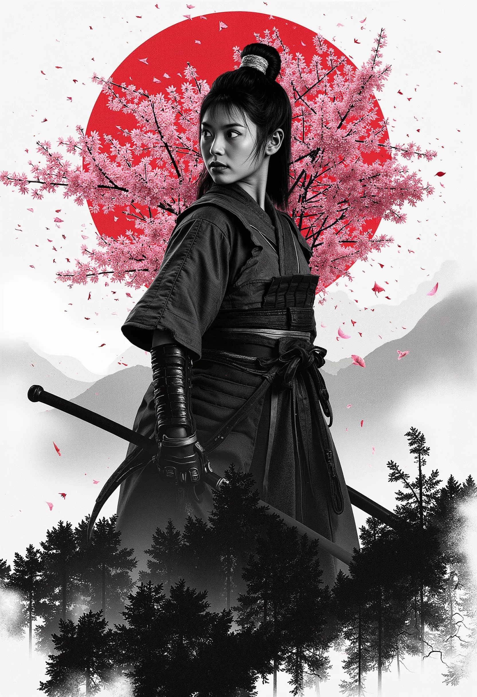 Kohlezeichnung , Bleistiftzeichnung , Strichzeichnung , Graphitzeichnung , tinted paper , Kunstwerk , zweifarbig , Farbspritzer , Samirai girl , rosa Sakura \(Blumen\) , rotes Blut , japanische Tusche , Spritzen , komplexe Details , Volumetric lighting , k...