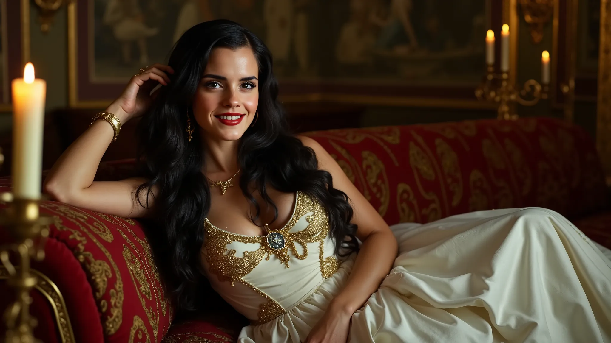 In a dimly lit, opulent medieval setting, a regal young lady with long, flowing black curls rests on a sumptuous couch, exuding grace and charm. She wears an ethereal white gown with golden accents, echoing the styles of ancient Greece and Rome. The surrou...