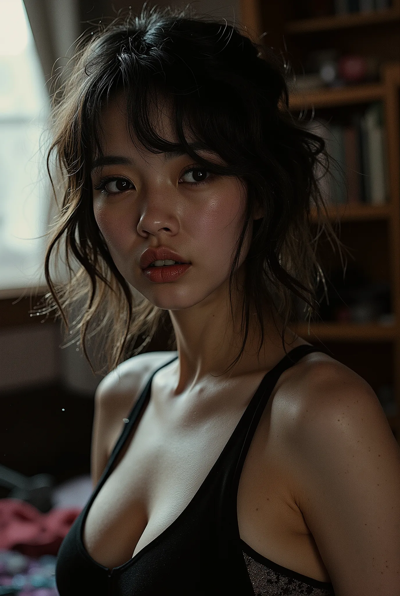 (Chloe Grace Moretz) , thorough, analoger Stil, Augenfokus, highest quality, (very detailed skin), photo of a beautiful fair-skinned Korean punk girl (with crockery and ribbon), perfektes Gesicht , seductive eyes ,  cleavage , [ seductive makeup ] , Hautpo...