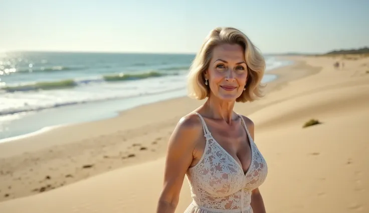 A confident woman in her 60s stands on the beach with a stunning ocean view behind her (full body shot). A wide shot of a woman walking away from the dunes toward the open shoreline, her floral lace dress flowing in the breeze. The desert sand gradually gi...