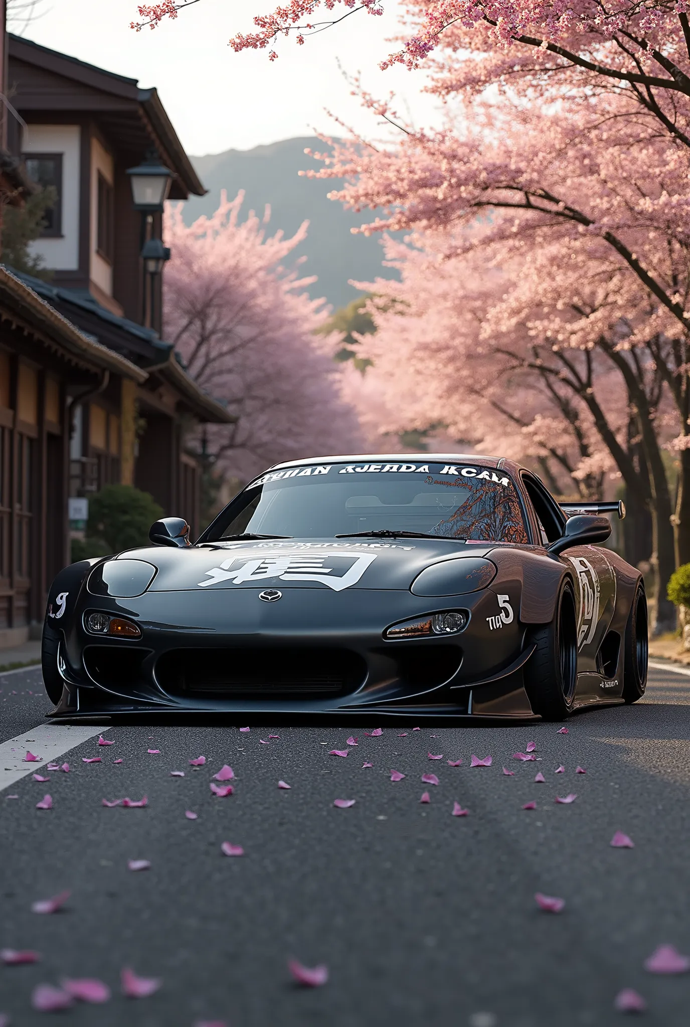 A black Mazda RX-7 FD with Japanese lettering drives on a typical Japanese road . The street is lined with traditional Japanese houses and blooming cherry trees . The lowered car with widebody Modifications and aggressive attitude fit perfectly into the qu...