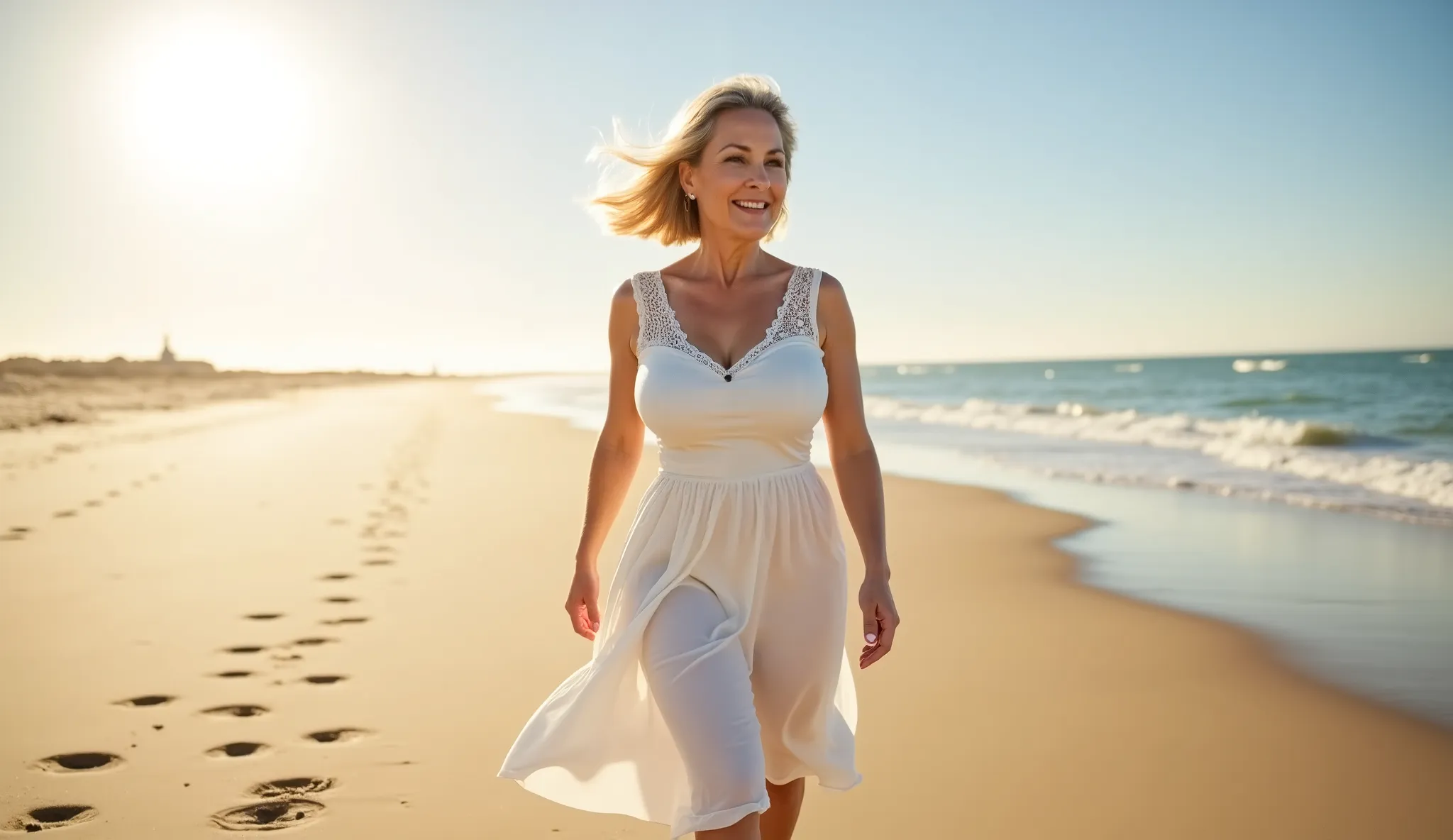 A confident woman in her 60s stands on the beach with a stunning ocean view behind her (full body shot). Along a vast, sunlit beach, a woman runs freely with her white lace gown fluttering around her legs. The wind plays with her hair and dress, and her fo...